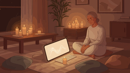 Fototapeta premium Woman Meditating in a Candlelit Room with a Laptop.