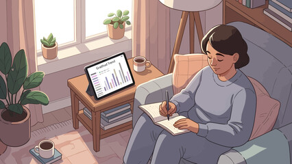 Fototapeta premium Woman studying and working on a tablet at home.