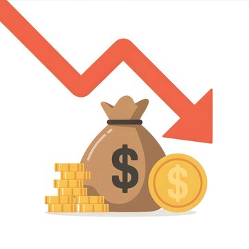 Illustration depicting financial loss with a money bag gold coins and a red arrow showing 