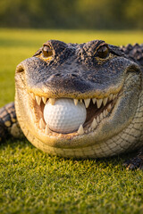 Fototapeta premium Alligator Holding Golf Ball in Its Teeth, Intense Front View Close-Up