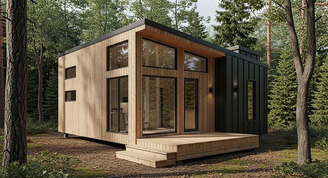 A 3D rendering of a modular tiny home, compact, modern, wood and metal, forest setting, sustainable living, front view.-gigapixel