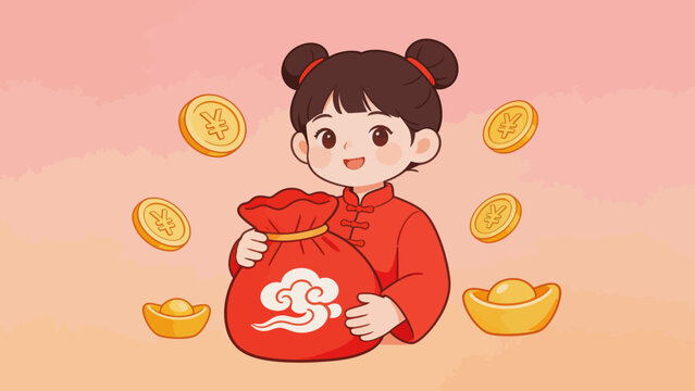 Cartoon girl with red money bag and coins