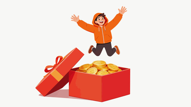 joyful person jumping from gift box with coins