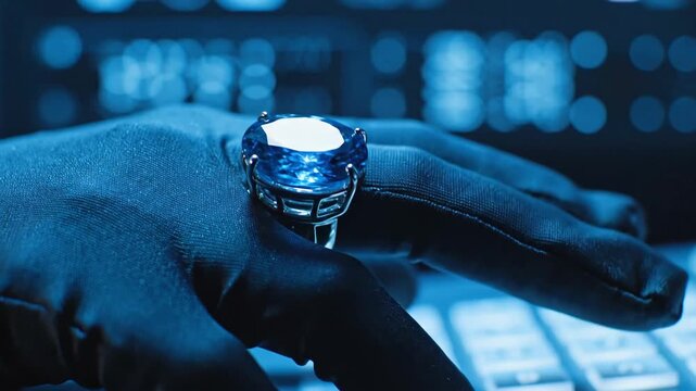 Elegant Gem Ring on a Gloved Hand near a Computer Keyboard