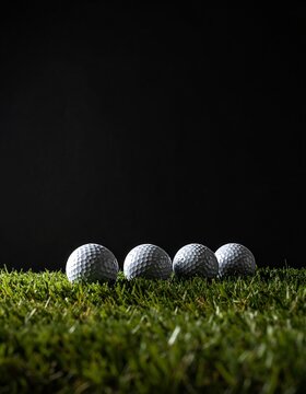 Four golf balls on green grass with a dark background, ideal for sports-related themes and promotions.