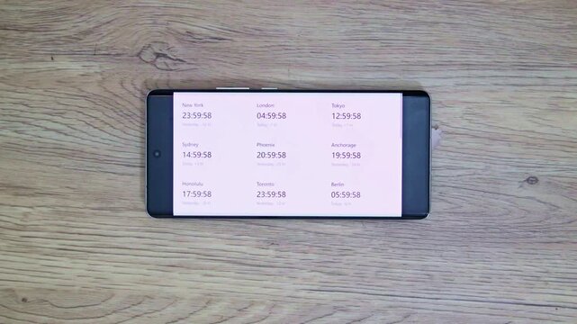 Digital clocks from different time zones running simultaneously side by side.