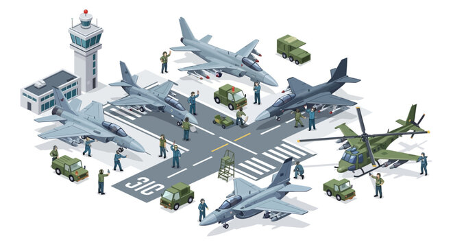 Isometric 3D illustration showing a military base with various aircraft, vehicles, and personnel on the tarmac, set against a plain white background, with a clean and detailed vector