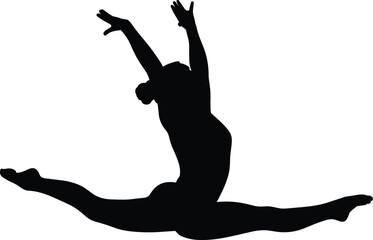 Fototapeta premium PrintDance leap silhouette illustration, gymnast split jump artwork, athletic performance vector design, flexibility movement concept, artistic sport silhouette, black dynamic artwork
