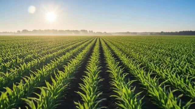 Sunrise Over Vast Growing Corn Field Showing Young Plants In Neat Rows With Sunlight Shining Brightly Mist On The Horizon For Agricultural Advertising Farming Practices