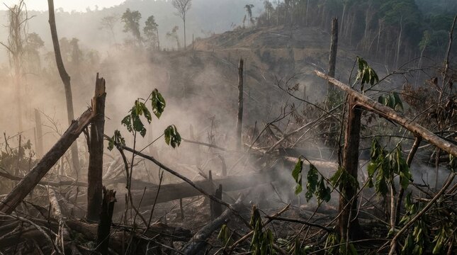Smoke rising through splintered trunks on a cleared hillside after burning, portraying rainforest deforestation, slash and burn logging, biodiversity loss and rising environmental destruction