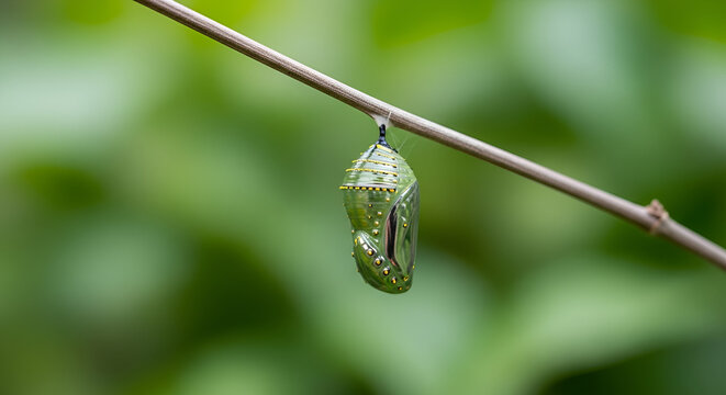 Monarch butterfly chrysalis hanging from a twig, metamorphosis stage, green pupa with metallic gold spots, nature transformation, Earth Day concept, biodiversity, insect lifecycle.