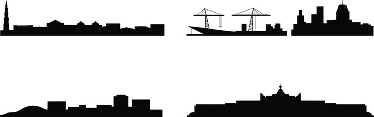 Obraz premium Collection of diverse city skylines featuring modern towers port cranes and historic domes