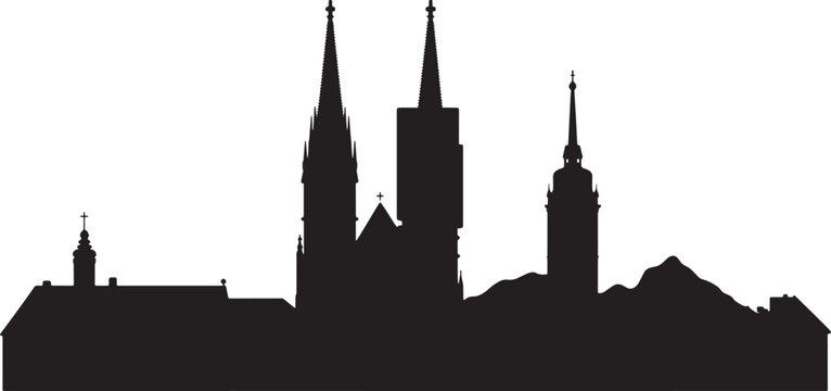 Silhouette skyline of european city featuring gothic churches towers and building outlines