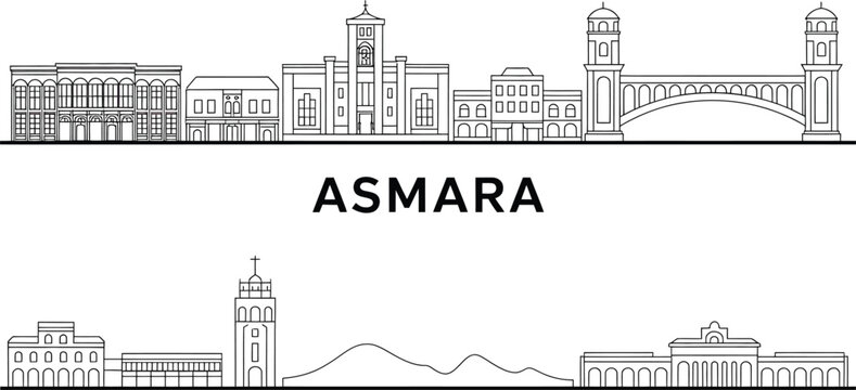 Valparaiso and Mekele skyline illustration set with historical landmarks and mountain scenery