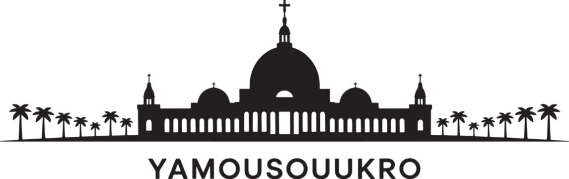 Yamoussoukro skyline silhouette featuring basilica and palm trees on transparent background