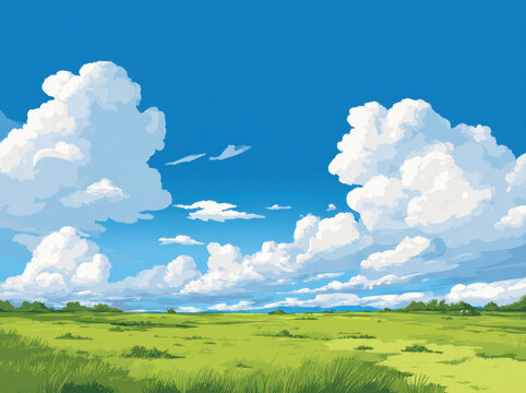 Vibrant cartoon vector style landscape showcases lush green field under bright blue sky filled with fluffy white clouds. scene evokes sense of tranquility and openness, perfect for nature lovers