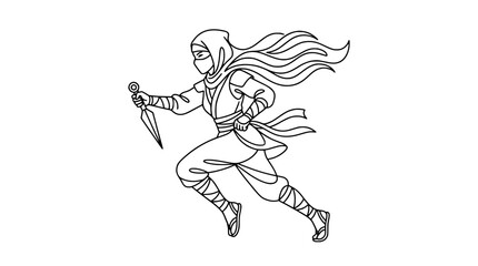 Fototapeta premium Monoline Female Ninja with Kunai Minimalist Logo