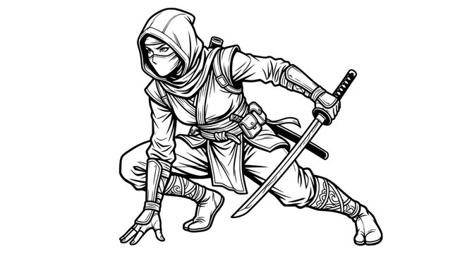 Stealth Female Ninja Crouching Pose Outline Vector