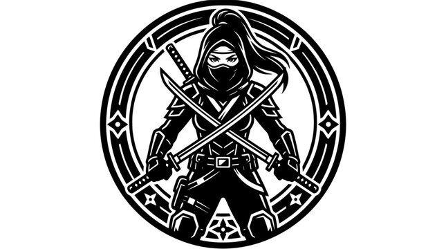 Dual Sword Female Ninja Emblem Badge Vector