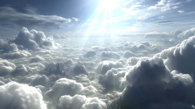 Fluffy white clouds in a bright blue sky with dramatic lighting and shadows