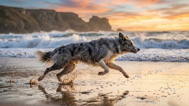 Dynamic Running Border Collie on Beach at Sunset, Freezing Motion of Sand Splash