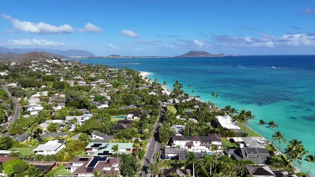 Beautiful view overlooking the coastline towards Kailua at Lani Kai Beach on the windward side of Oahu Island in Hawaii.