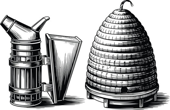 Beekeeping smoker and traditional skep beehive, vintage engraved style, black and white graphic, detailed woodcut illustration for apiculture design. isolated on white background