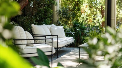 Obraz premium A serene outdoor patio with minimalist furniture, evoking tranquility amidst lush greenery.