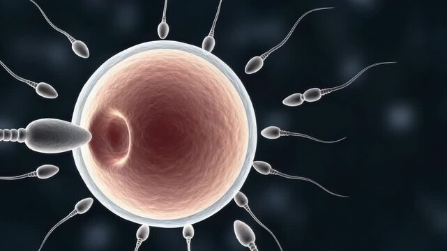 Microscopic Illustration Depicting Sperm Cells Attempting To Fertilize Egg Focus On The Central Action With Sperm Approaching Penetrating Ovum Dark Backdrop For Medical Education Sci