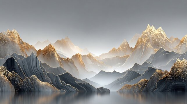 Matte mineral pigment gold leaf minimalist landscape expansive negative space gold rimmed mountains macro