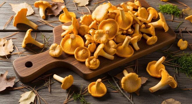 Fresh Wild Chanterelle Mushrooms on a Rustic Wooden Board with Autumn Leaves and Forest Elements, Ready for Cooking