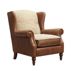 Fototapeta premium Brown Leather Wingback Armchair with Sheepskin Upholstery