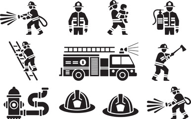 Fototapeta premium Graphic vector illustration of various firefighting icons: firemen, truck, hose, ladder, hydran