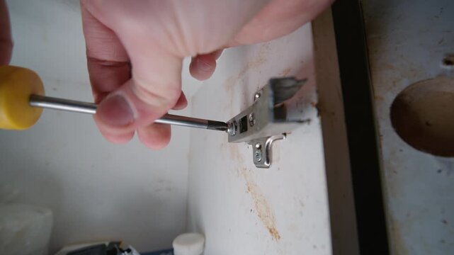 Hands Using Screwdriver to Remove Screw from Broken Cabinet Door Hinge Close-Up Shot | DIY Home Repair and Furniture Fix Concept