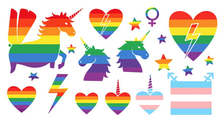 Rainbow pride graphic elements featuring unicorns, hearts, lightning bolts, and transgender symbols © Avra