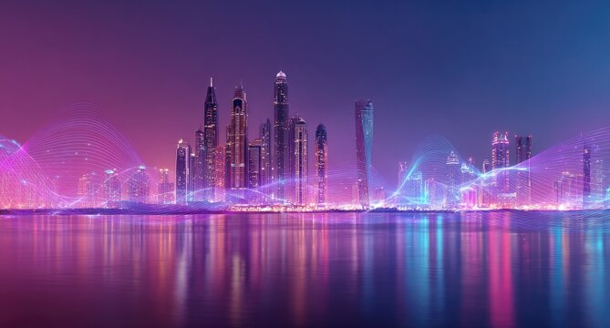 Futuristic city skyline with vibrant neon lights, abstract data waves, and reflections