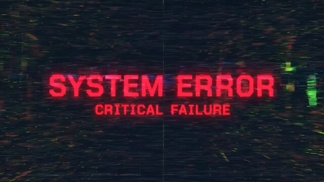 A digital glitch effect loop displays a system error message with a critical failure notification on a distorted screen, suitable for tech-related themes with a dark and ominous mood.