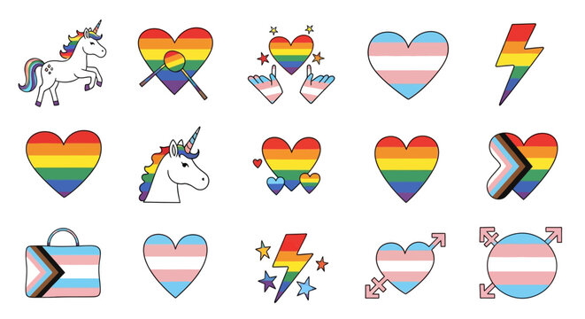 Pride symbols and icons for LGBTQ+ community hearts, unicorns, and lightning bolts in rainbow colors