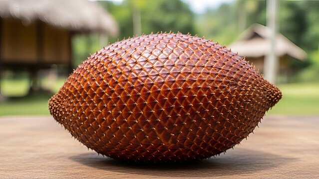 Close-up of salak fruit with its scaly brown skin, set against a tropical backdrop evoking exoticism
