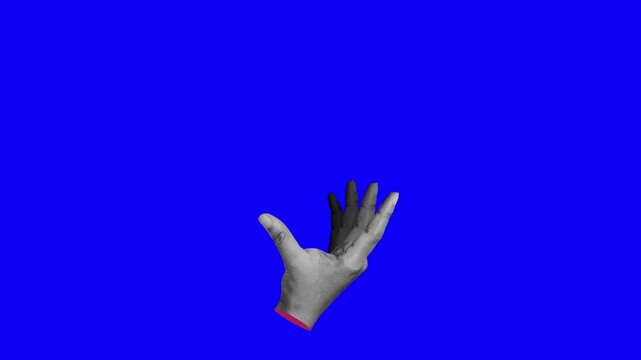 Animated 3D hand opening from a fist to an open palm gesture, isolated on a blue screen