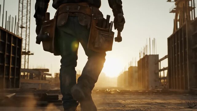 Builder walking through a construction site at sunset. Professional man in work clothes with tool belt inspecting the development under bright golden backlight.