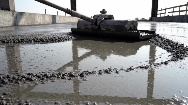 Worker using a concrete screed to level fresh cement on a construction site floor. Industrial building process of smoothing surface for foundation development.