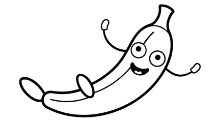 Obraz premium Black and white cartoon banana with a happy face and arms and legs raised.