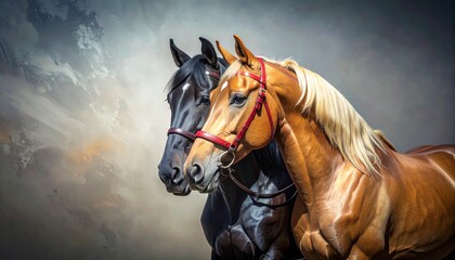 Naklejka premium A striking duo of magnificent horses, one sleek dark and one luminous golden, stand in graceful unity against an epic, cloudy sky, showcasing their powerful bond and regal elegance