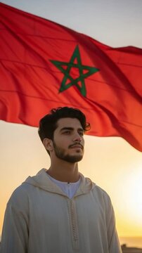 Young Moroccan Man in Traditional Djellaba Standing Before National Flag at Sunset