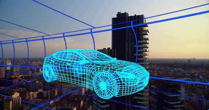 Cyan wireframe car hovering over skyline at sunset camera panning revealing auto AR cage for design