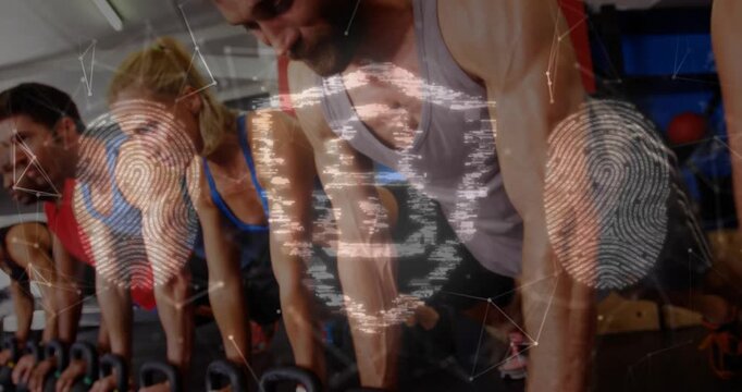 Doing class in tanks training with kettlebells at gym, as static glitch showing prints lock icon