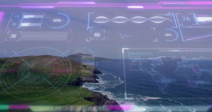 On HUD activation, overlay animating over cliffs, gauges pulsing, scan shifting, monitoring sea