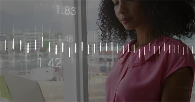 Woman typing laptop at window in tech, waveform numbers moving, turning and smiling to live data
