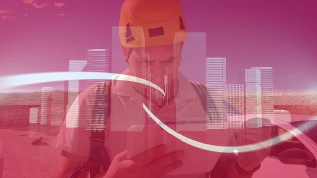 Site engineer tapping tablet and activating spiral ribbon, showing cityscape for site design review